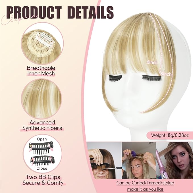 Clip in Bangs, Synthetic Wispy Bangs Hair Clip, Light Blonde Mix Bleach Blonde Fake Bangs Fringe with Temples Hairpieces for Women Natural Curved Hair Extensions for Daily Wear