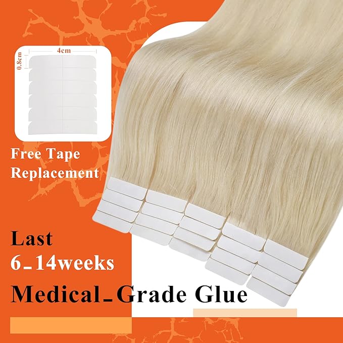 Full Shine Blonde Tape in Hair Extensions Human Hair 18 Inches Color Platinum Blonde 60 Double Sided Tape ins Human Hair Extensions Invisible Skin Weft 20Pieces 50Grams for Women Soft