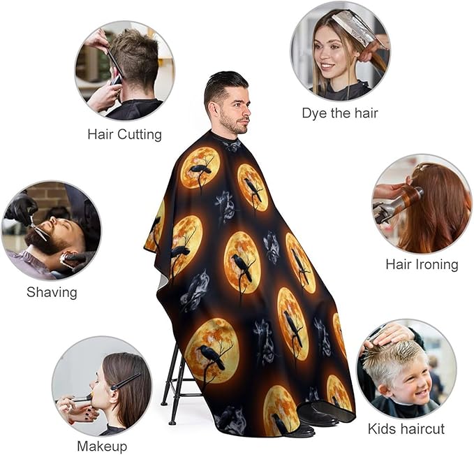 Women Full Moon Black Crow Raven Bird Salon Haircut Capes, Full Coverage Dyeing Salon Apron for Hairdressers, Easy Clean