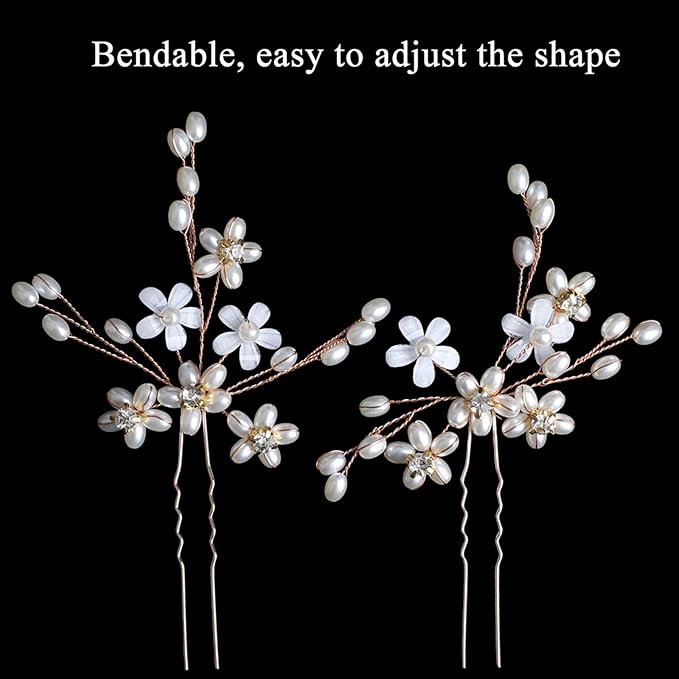 Elegant Pearl Wedding Hair Pins, Bendable Floral Crystal Hair Accessories for Bridal Women, Pack of 3 (Rose Gold)