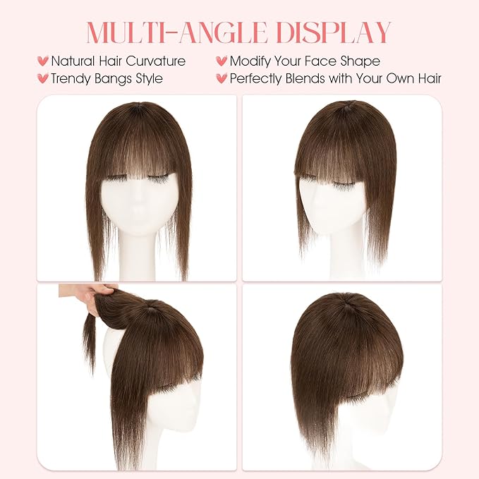 Hairro Mono Hair Toppers with Bangs, 3.4" x 3.4" Mono Base 100% Real Human Hairpieces for Women, 150% Density Clips In Topper for Greyish Thinning Hair, 18 Inch Dark Brown