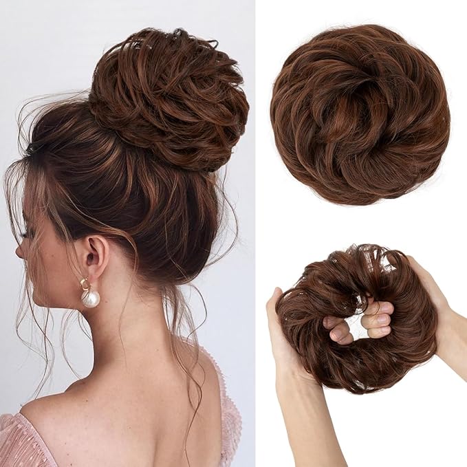 CJL HAIR Large Messy Bun Hair Piece Wavy Curly Scrunchies Synthetic Chignon Ponytail Hair Extensions Thick Updo Hairpieces for Women Red Vino
