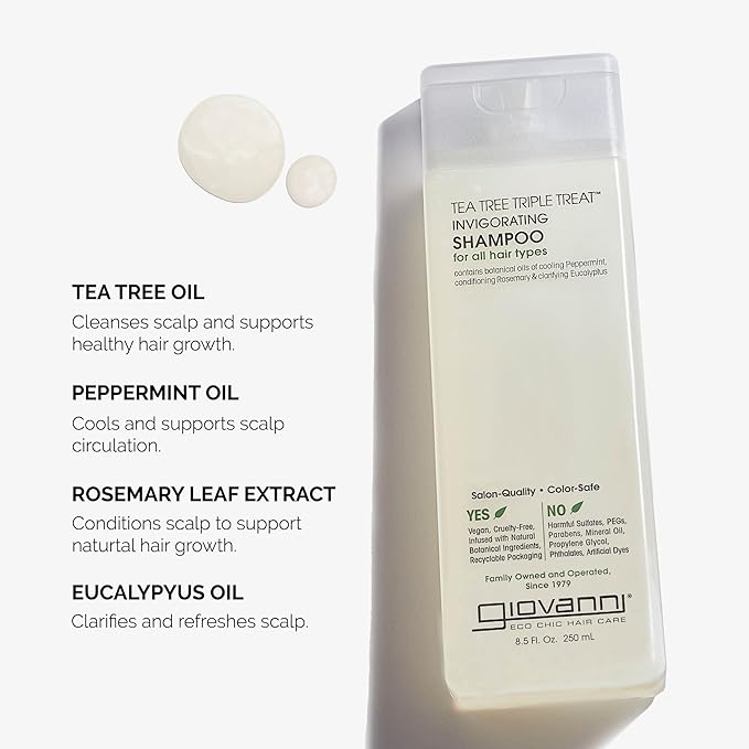 GIOVANNI Tea Tree Triple Treat Invigorating Shampoo - Cooling Peppermint, Eucalyptus & Rosemary, Helps Strengthen & Rejuvenate Hair & Scalp, Salon Quality, Paraben Free, Tea Tree Shampoo - 8.5 oz