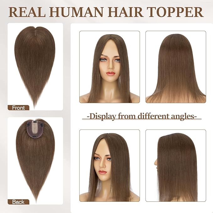 Rich Choices Hair Toppers for Women Real Human Hair 100% Human Remy Toppers NO Bangs for Women with Thinning on Top Clip in Hairpiece 4"x4.7"Lace Base 10 Inch #4R Natural Brown