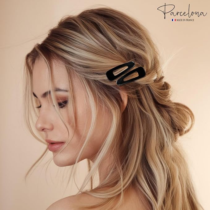Parcelona French Mini Set of 4 Small Celluloid Acetate, Clic Clac, Snap Hair Clips, No Slip, Fashion Styling Women Hair Accessories, Girls Snap Hair Barrette, Made in France (Black)