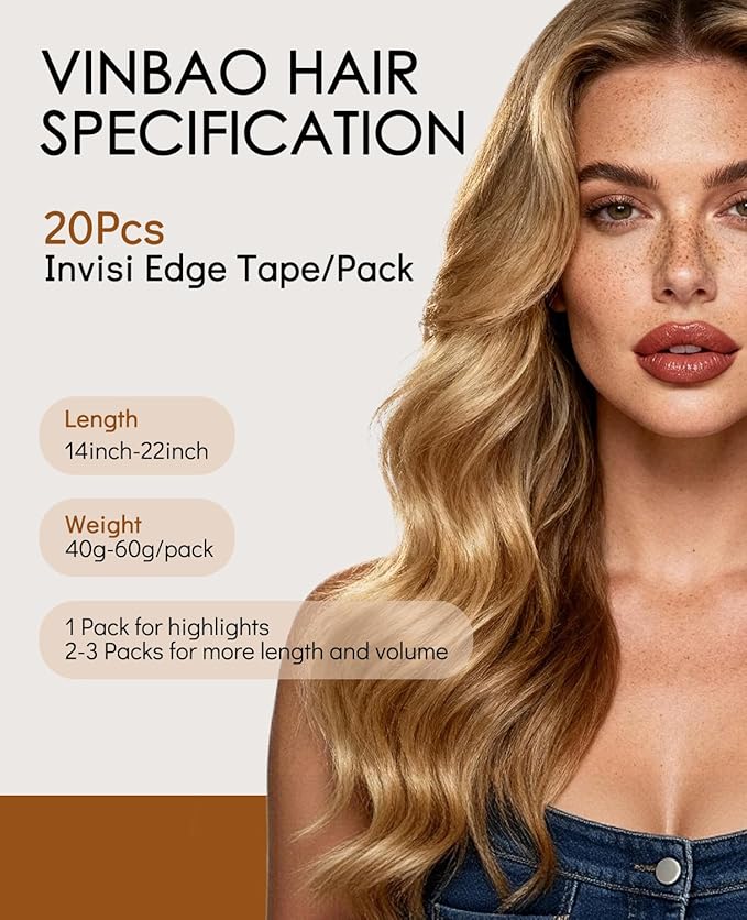 VINBAO 60g Invisi Edge Tape in Extensions Human Hair Balayage, Dark Brown Mixed Chestnut Brown Ombre 20pcs Injected Tape in Hair Extensions Invisible 22inch #2/6/2