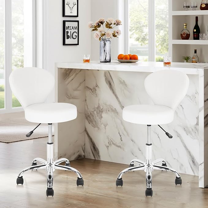 Rolling Swivel Salon Stool Chair with Back Support Adjustable Hydraulic for Office Massage Facial Spa Medical Drafting Tattoo Beauty Barber White