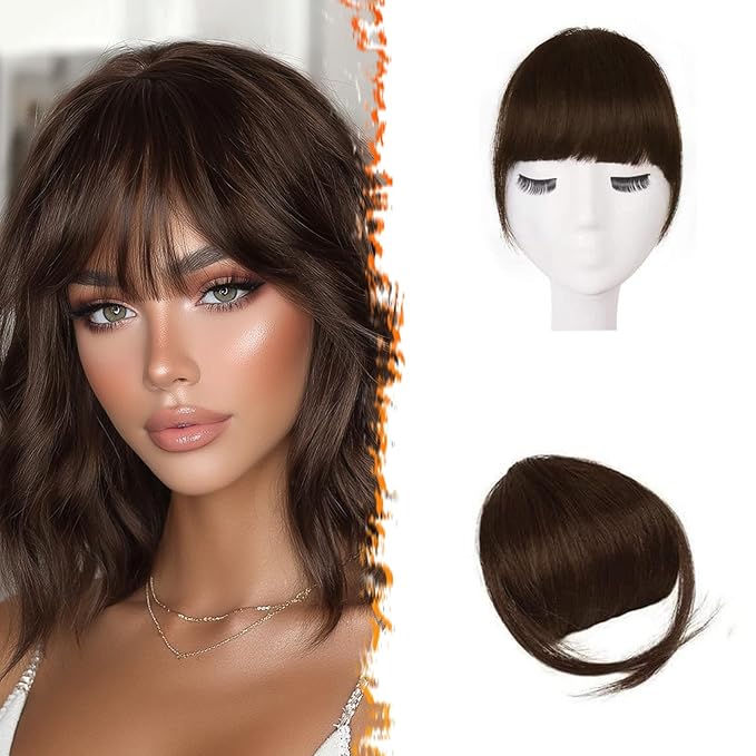 BARSDAR Human Hair Clip in Bangs - 100% Real Human Hair Clip in Bangs for Women - Brown Thick Bangs Extensions Fringe with Temples Real Hair Bangs Hairpieces - Dark Auburn Brown