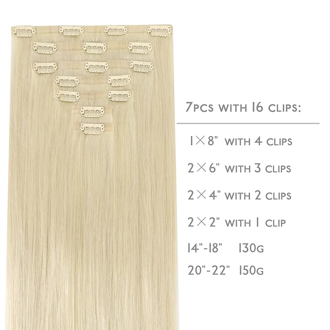 WENNALIFE Seamless Clip In Hair Extensions Human Hair, 16 Inch 130g 7pcs Bleach Blonde Real Hair Extensions Clip in Human Hair Invisible PU Skin Weft Natural Remy Human Hair Extensions