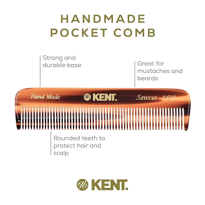 Kent FOT Tortoise Fine Tooth Comb for Men - Handmade Pocket Comb for Travel, Styling, Fine or Thinning Hair, Mustache and Beard Care Handpolished Saw-Cut Made in England