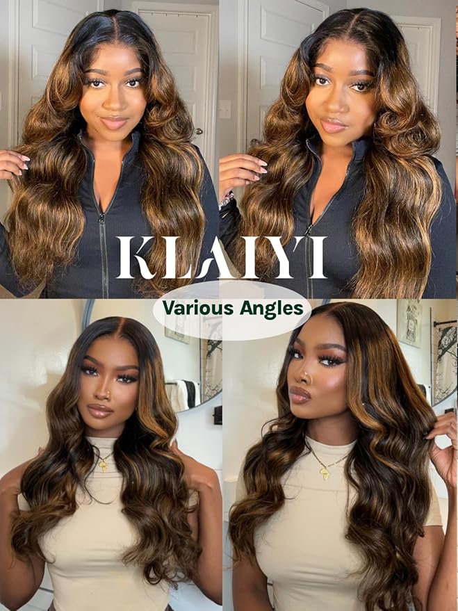 KLAIYI Bye Bye Knots Glueless Ombre Brown Body Wave Pre Cut 7x5 Lace Front Wigs Human Hair Drawstring Pre Plucked Bleached Pre Everything Ready to Wear and Go Wig Highlight Balayage Colored Wig 24Inch