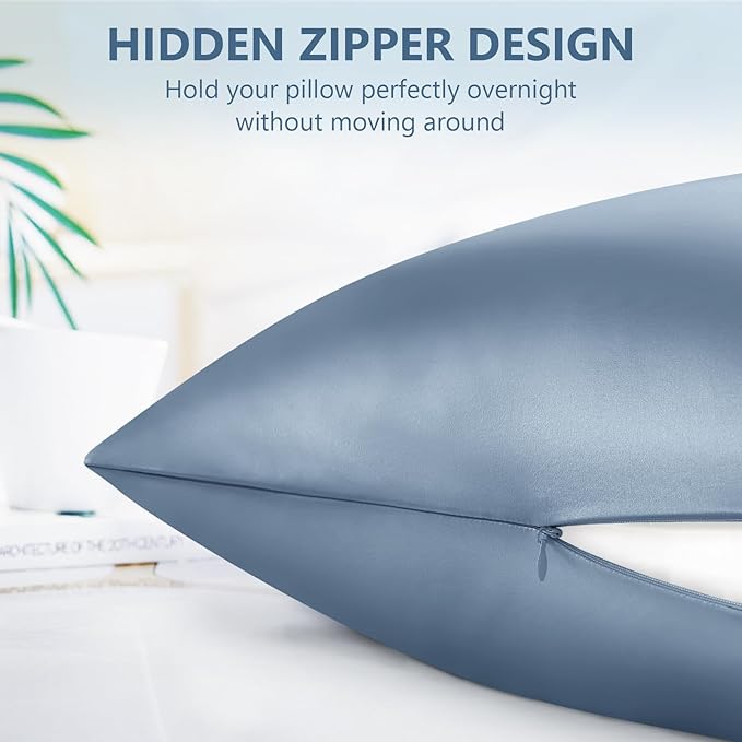 Silk Pillow Cases 2 Pack Standard Size Mulberry Silk Pillowcase Set of 2 for Hair & Skin 26 x 20 Inches 22 Momme Both Sided Grade 6A Silk Soft Breathable Cooling with Hidden Zipper, Grey Blue