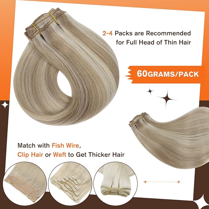 Full Shine Clip in Extensions Golden Blonde Highlight Medium Blonde Clip in Hair Extensions for Women Straight Invisible Clip ins Softness 12 Inch 3 PCS 60 G