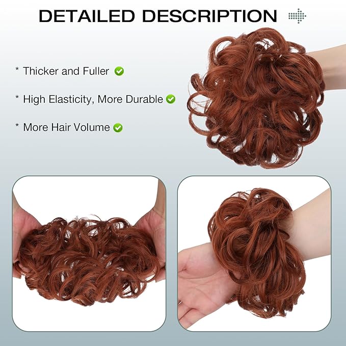 Messy Bun Hair Piece Wavy Curly Scrunchies Fluffy Donut Thick Updo Elegant Chignon Hairpieces for Women Girls, Light Brown Mix Light Auburn 1.4oz
