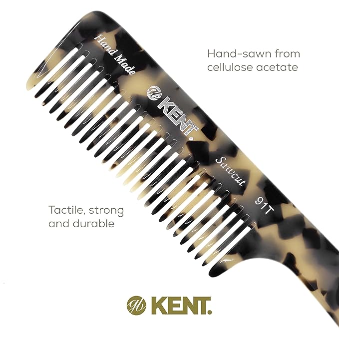 Kent 91T TW Detangler Comb for Women, Wide Tooth Hair Comb for Curly and Wavy Hair - for use in Dry or Wet Hair, Large Handle Shower Comb for Effective Detangling, Handmade Sawcut and Polished