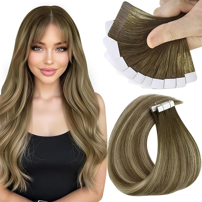 Sunny Hair Tape in Hair Extensions Real Human Hair Invisible Remy Hair Extensions Tape ins for Women Cool Brown Ombre Light Brown Balayage Medium Blonde 16 inch 25G