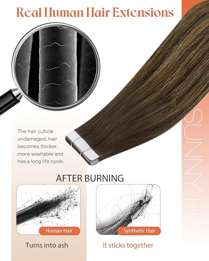 Sunny Hair Tape in Hair Extensions Real Human Hair Invisible Remy Hair Extensions Tape ins for Women Dark Brown Root to Caramel Blonde Balayage 16 inch 20Pcs 50G