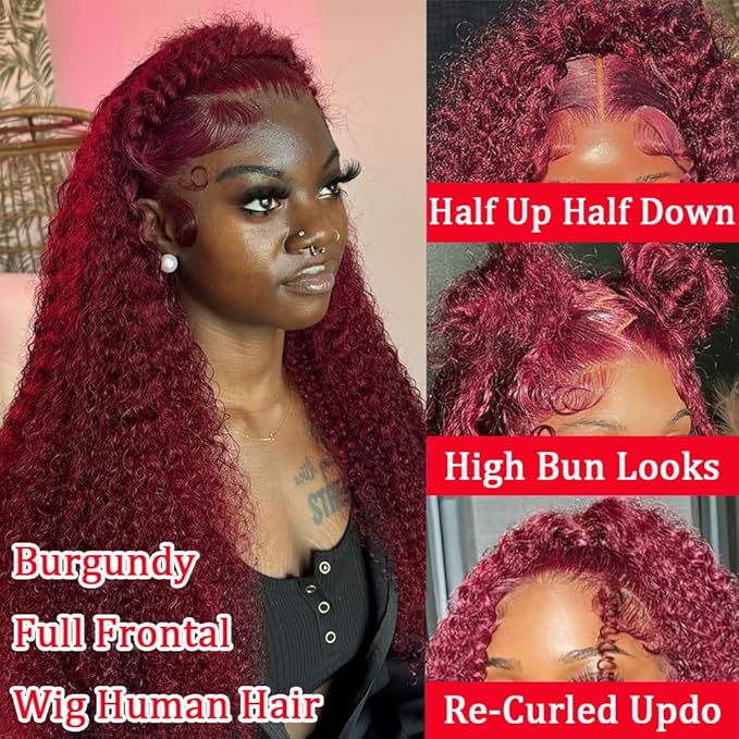 36 Inch 13x6 Deep Wave Burgundy Lace Front Curly Red Frontal Wigs Human Hair For Women Red Deep Wave Human Hair 200 Density Burgundy HD Lace Front Wigs Pre Plucked