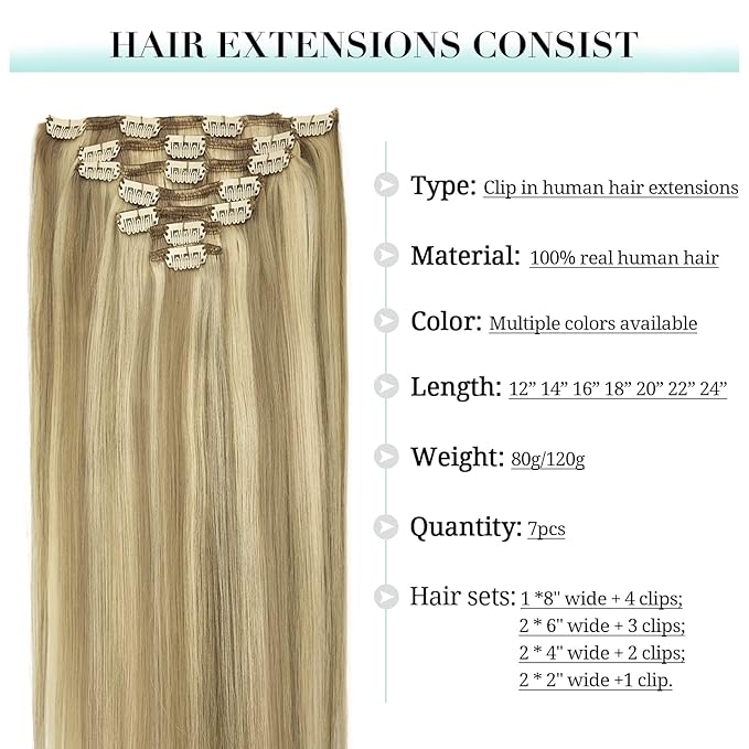 DOORES Clip in Human Hair Extensions Balayage Light Blonde Highlighted Golden Blonde 7pcs 120g Real Hair Extensions Clip in Natural Hair Extensions Straight Thick 20 Inch