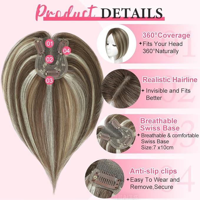 Hair Toppers for Women Real Human Hair Topper for Women with No Bangs Hairpieces Comfortable and Breathable 10 Inch Swiss Base 3D 360°Cover Glue-free (Medium Brown with Ash Blond Highlights)