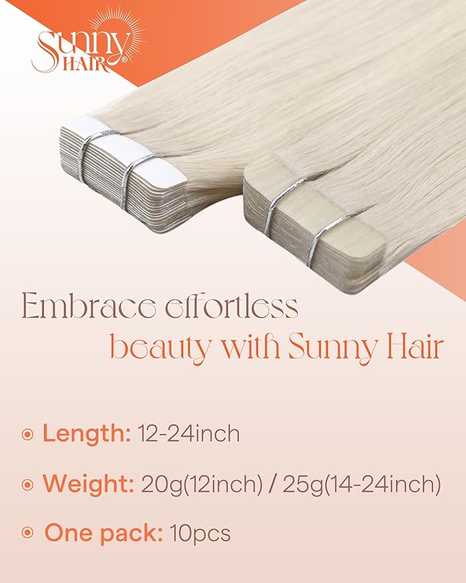Sunny Hair Tape in Hair Extensions Real Human Hair Invisible Remy Hair Extensions Tape ins for Women White Blonde 18 inch 25G