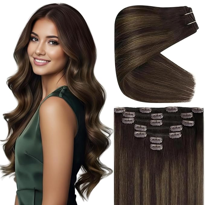 Ve Sunny Clip in Hair Extensions Real Human Hair 24 inch Long Straight Human Hair Clip in Extensions Darkest Brown Ombre Medium Brown Hair Extensions Clip ins 120g 7Pcs
