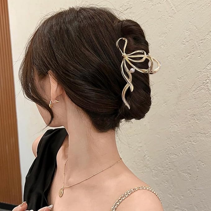 Metal Bow Hair Clips Bow Hair Claw Clips with Pearl Large Bowknot Claw Clip Strong Hold Nonslip Hair Jaw Clip for Thin Thick Hair Stylish Hair Accessories for Women Gold