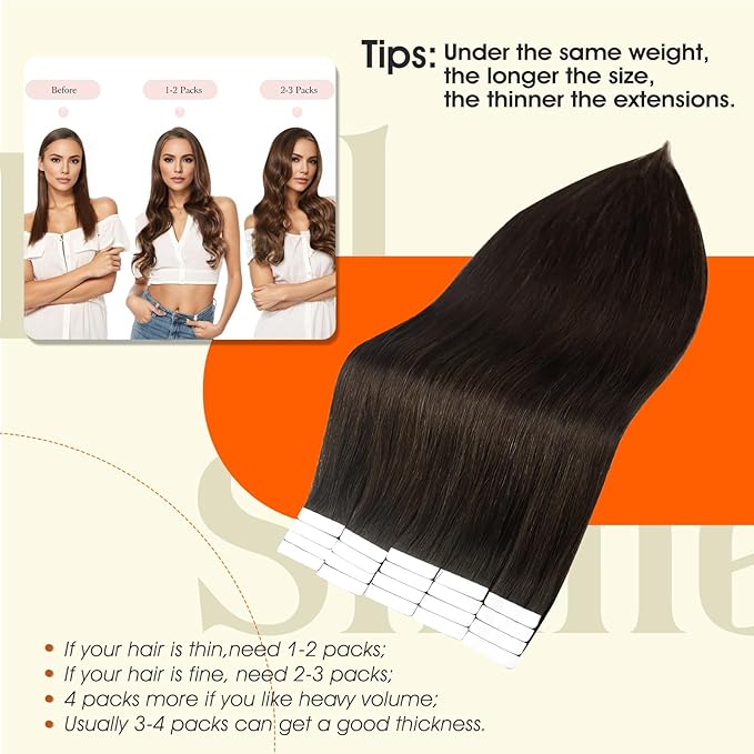 Full Shine Tape in Hair Extensions Human Hair Color 2 Darkest Brown Seamless Invisible Remy Tape in Extensions Human Hair 26Inch Long Straight Skin Weft 50Gram 20Pcs for Women Add Length