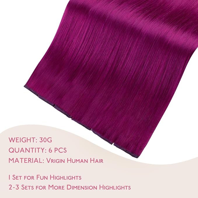 WENNALIFE Violet Clip in Hair Extensions Real Human Hair 35g 6pcs 24 Inch Colored Hair Extensions for Kids Women Colorful Hair Pieces Pop-up Style Straight Extensiones De Cabello Humano Con Clip