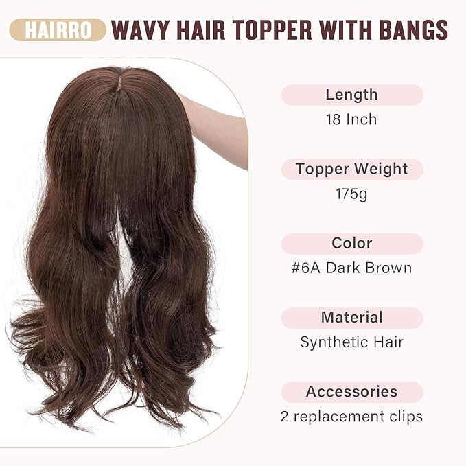 Hairro 18 Inch Long Hair Toppers Wavy with Side Bangs for Women, Clips In Synthetic Hairpieces Capless, for Adding Volume/Birthday/Party/Halloween/Cosplay Dress Up, Dark Brown