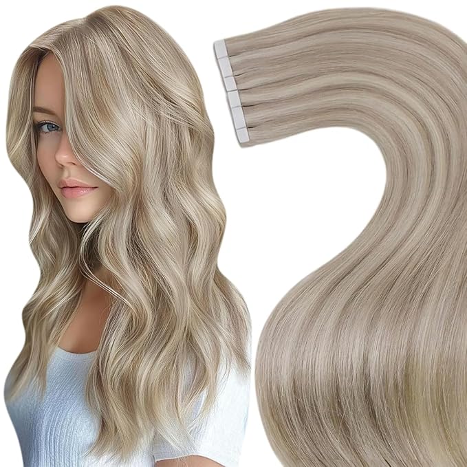 LaaVoo Tape in Hair Extensions Human Hair Blonde Tape in Extensions Human Hair Bleach Blonde Highlights with Ash Blonde50G 20Pcs 20Inch