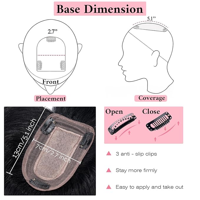 SEGO 100% Real Human Hair Toppers, with Air Bangs, Silk Base 150% Density, Clip in Topper, 2.7”x5.1”, HairPieces for Women, with Thinning/Hair Loss Cover Gray