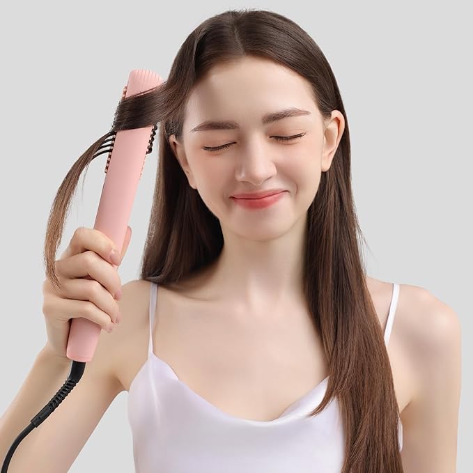 AINA Hair Straightener Comb, Flat Iron with Comb | Titanium Iron 450F | Dual Voltage Hair Straightening | Curling 2 in1 | Resolve Tangled | frizz Free (Babe Pink)
