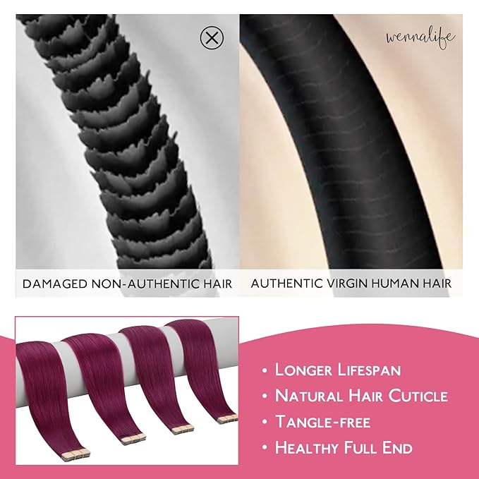 WENNALIFE Tape in Hair Extensions Human Hair Light Burgundy Tape in Extensions, 10pcs 30g 24 inch Remy Invisible Tape Ins Straight Colored Soft Real Human Hair Tape in Extensions Refill Set Extensions