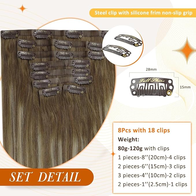 Full Shine Balayage Clip in Hair Extensions Real Human Hair Chestnut Brown to Platinum Blonde Hair Extensions Clip ins with PU Weft for Women 20 Inch 120 G 8 PCS