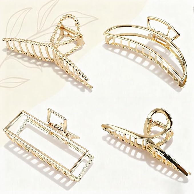 4 Pcs Large Metal Hair Claw Clips for Women, Non-slip Claw Clips with Strong Hold Jaw, Fashion Accessories for Thin Thick Long Curly Hair (Gold1)