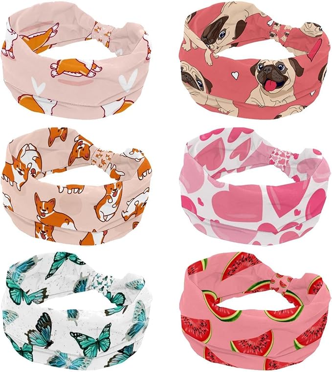 6 Pcs Stretchy Headbands for Women, Absorbed Sport Headband Soft Twist Knotted Headbands for Daily Life Yoga Workout, Dogs Collection Multi Animal