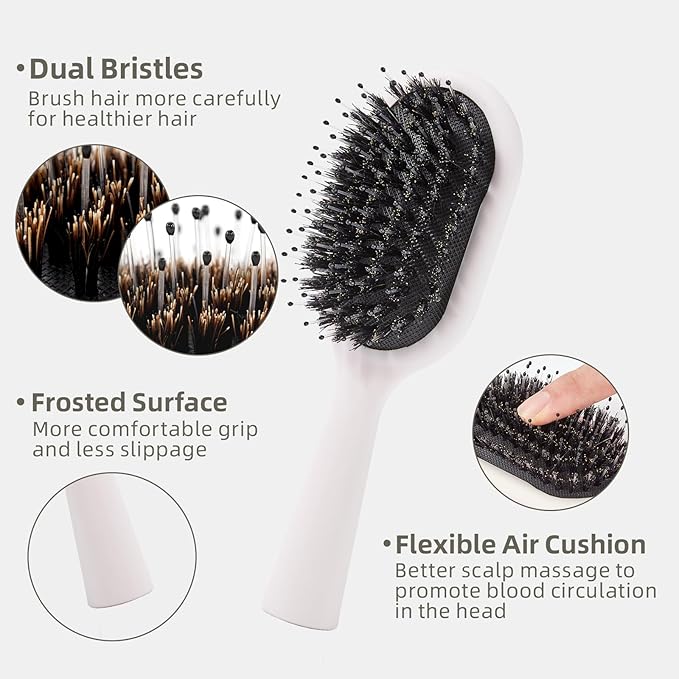 Boar Bristles Hair Brush for Women and Men, Detangling Hair Brush for Smoothing Massage Add Shine, Nylon&Boar Bristles Detangler brush for Hair Healthy (Medium-White)