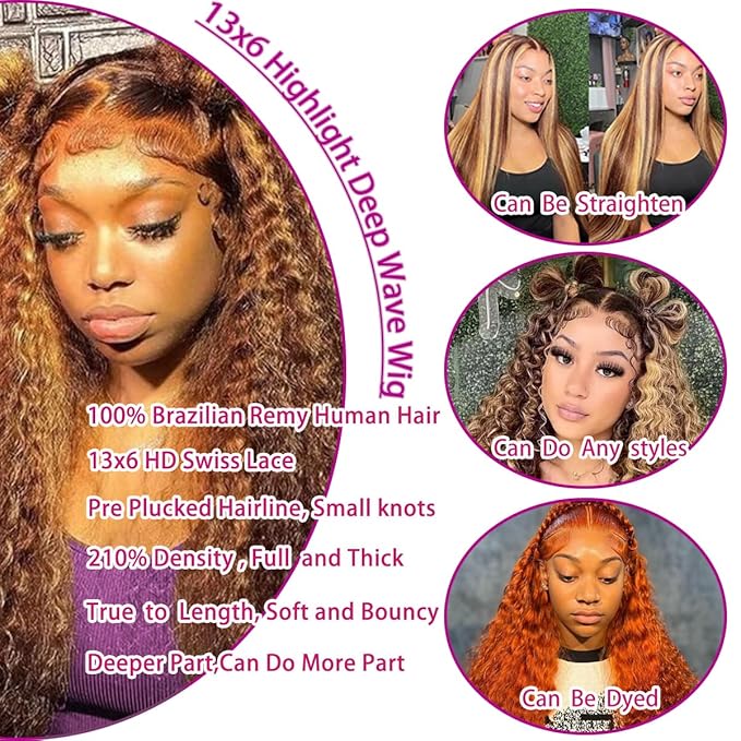30inch 13x6 Highlight Ombre Deep Wave Lace Front Wigs Human Hair Pre Plucked 210% Density P4/27 Highlight Curly HD Transparent Lace Frontal Wigs with Baby Hair Wet and Wavy Human Hair Wig