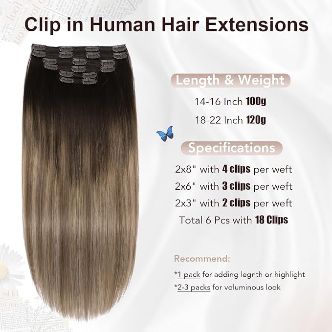 XDhair Human Hair Clip in Extensions 22 Inch 120g 6pcs Balayage Clip in Hair Extension Ombre Hair Extensions Clip ins Dark Brown to Dirty Blonde #2/6/18