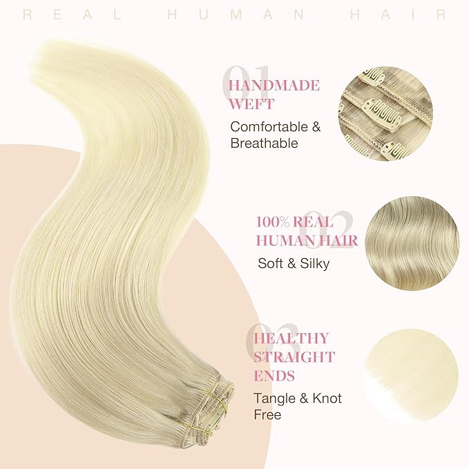 GOO GOO Clip in Hair Extensions Real Human Hair, Remy Human Hair Extensions Clip ins for Women, Natural Human Hair, 12inch 85g 7Pcs, 17/22/60 Balayage Ash Blonde to Golden Blonde and Platinum Blonde