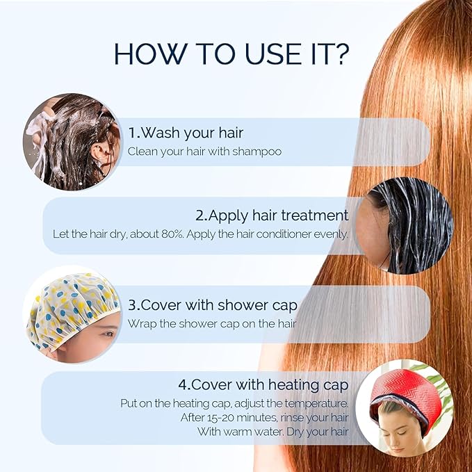 Electric Hair Steamer Cap with 2 Mode Temperature Control, Removable Washable Thermal Hair Cap for Hair Spa at Home (Red)