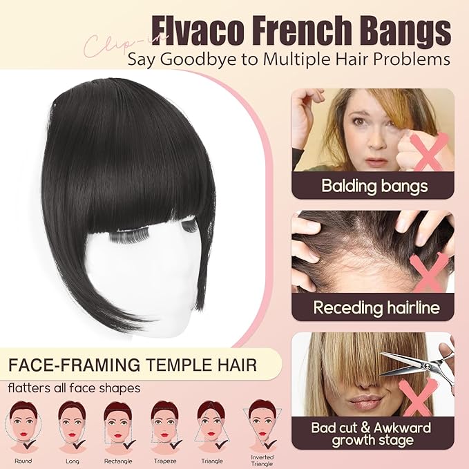 Clip in Bangs, Synthetic French Bangs Hair Clip, Natural Black Fake Bangs Fringe with Temples Hairpieces for Women Natural Curved Hair Extensions for Daily Wear
