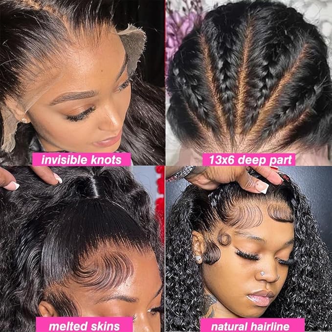VIPbeauty 13x6 Deep Wave Lace Front Wigs Human Hair 200 Density 28 Inch Curly Wig for Women Natural Black HD Transparent Lace Glueless Frontal Wigs Human Hair Pre Plucked with Baby Hair