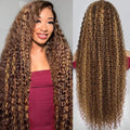38Inch Highlight Ombre Human Hair Wigs 13x6 HD Honey Blonde Deep Wave Lace Front Wigs Human Hair 180 Density Glueless Deep Wave 4/27 Colored Wet and Wavy Curly Wig Pre Plucked for Women