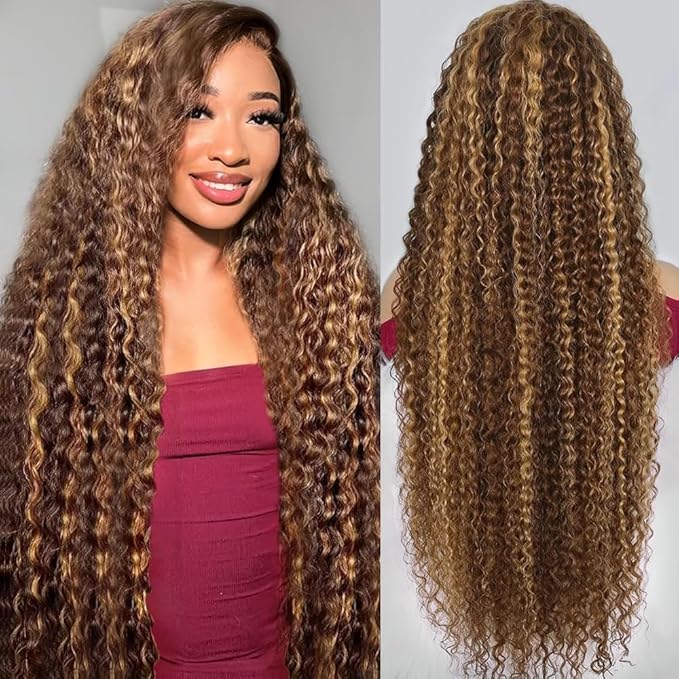 20 Inch Highlight Ombre Deep Wave Lace Front Wigs Human Hair Wig 13x6 Honey Blonde Wig Human Hair HD Glueless Deep Wave Wig 4/27 Colored Wet and Wavy Curly Wig Pre Plucked for Women
