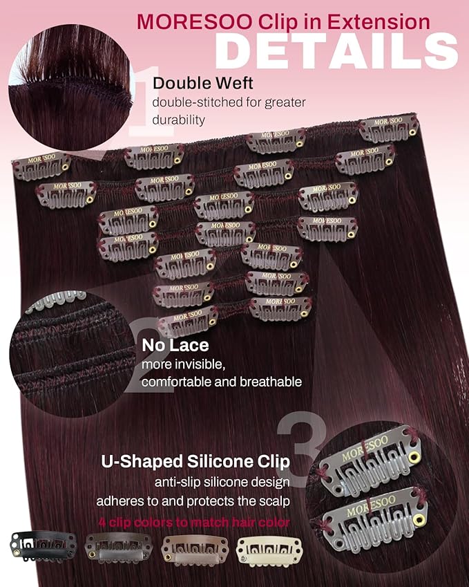 Moresoo Dark Red Clip in Hair Extensions Red Wine Hair Extensions Clip ins Long Remy Human Hair Burgundy for Women Straight And Thick to Add Volume for Party 135g/7pcs 16in
