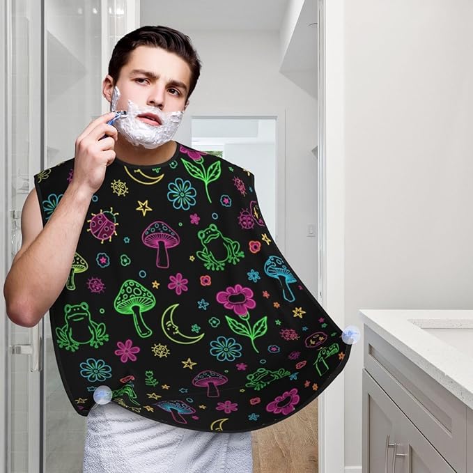 Adjustable Beard Bib, Non-Stick Hair Catcher Cape for Men's Shaving, Waterproof with 2 Suction Cups, Purple Flower Trippy Goth Moon Mushrooms Floral Shave Bib