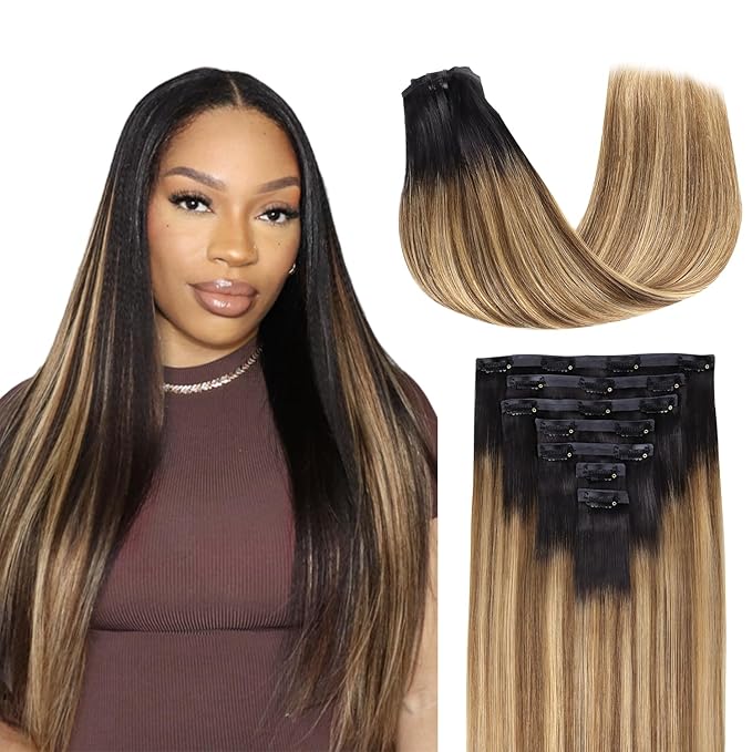 Lashey Seamless Hair Extensions Clip ins Human Hair 14 Inch 110g 7pcs Straight Seamless Clip in Hair Extensions Balayage Ash Brown to Honey Blonde Natural Hair with Dark Roots