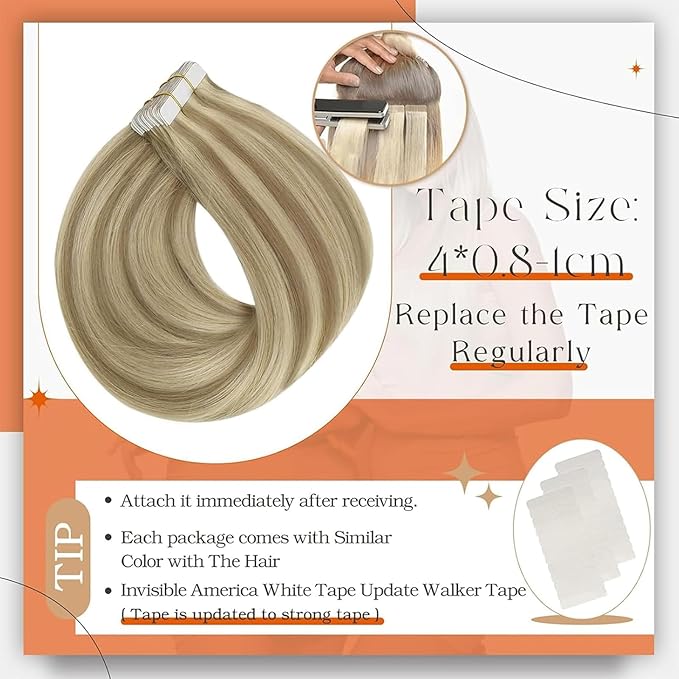 Full Shine Blonde Tape in Hair Extensions Human Hair 14 Inch Double Sided Tapes in Extensions Golden Blonde Highlighted Medium Blonde Tape in Human Hair Extensions for Women 50 Gram 20Pcs
